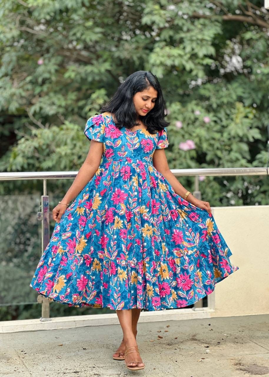 Blue Floral Printed Soft Cotton Maxi